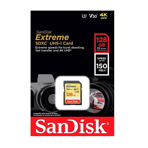 SanDisk Extreme 128GB 150MBs V30 UHSI U3  Tarjeta SD