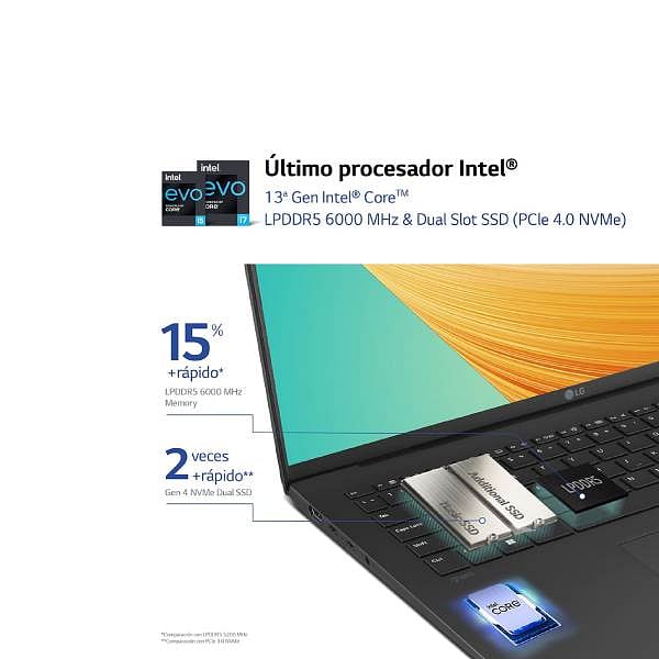 Portátil LG Gram 14Z90RGAP75B  Intel Core i7 1360P 16GB DDR5 512GB NVMe 14 WUXGA  Windows 11 Pro