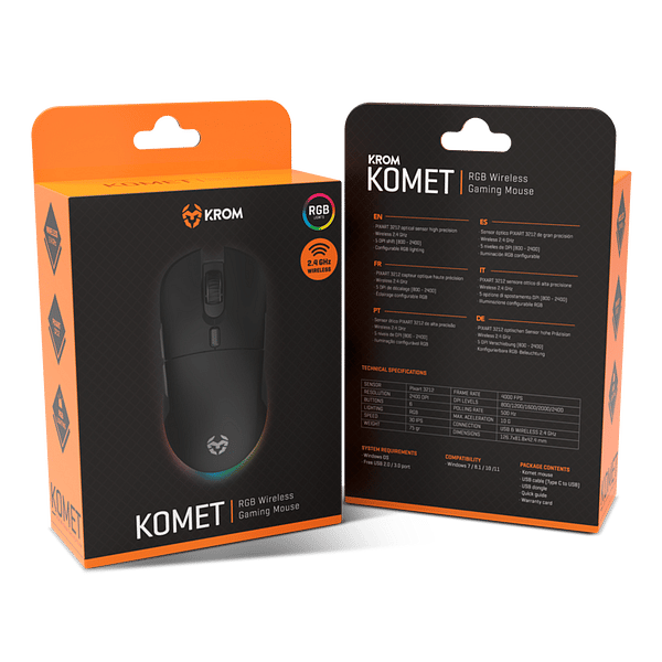 Krom Komet RGB  Ratón inalámbrico Sensor Óptico 8 Botones 2400 DPI