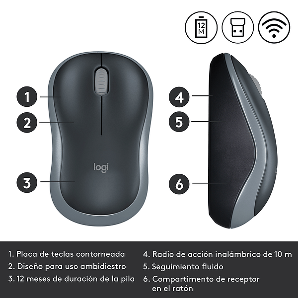Logitech M185 Gris  Ratón Inalámbrico Ambidiestro Sensor Óptico 1000 DPI Conectividad 24GHz Windows macOS