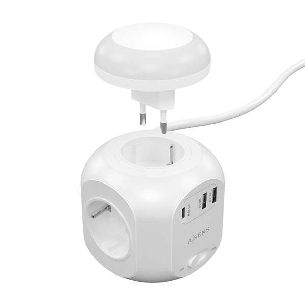 Aisens ASPS2A1CLPQ02W  4 Tomas  1xUSBC 20W PD30  2xUSBA 18W QC30  Luz Nocturna  18M Blanco  Regleta de Enchufes Sobremesa Multifunción