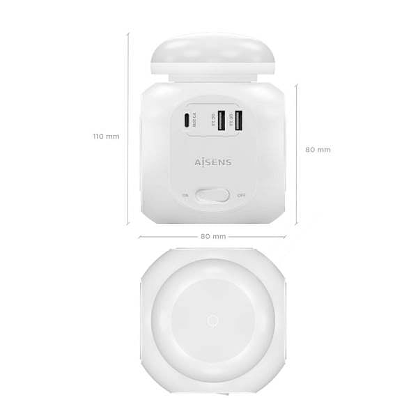 Aisens ASPS2A1CLPQ02W  4 Tomas  1xUSBC 20W PD30  2xUSBA 18W QC30  Luz Nocturna  18M Blanco  Regleta de Enchufes Sobremesa Multifunción