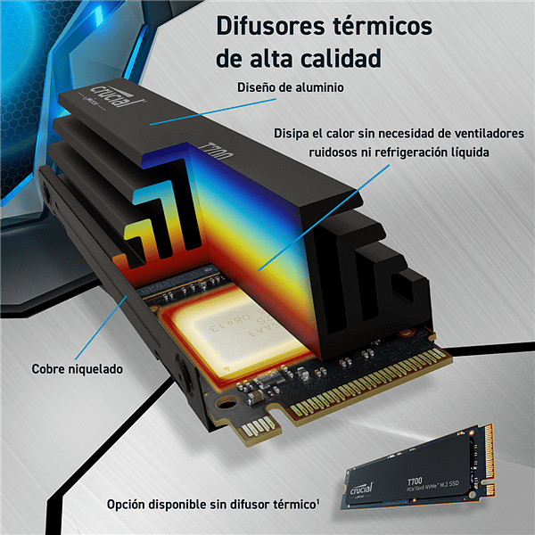 Crucial T700 M2 2TB NVMe Gen5 PCIe 50 con disipador  Disco duro SSD