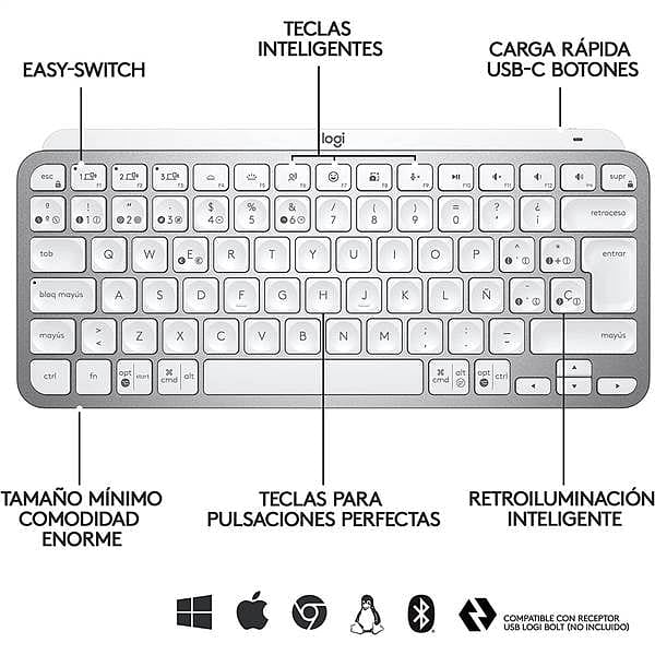 Logitech MX Keys Mini Retroiluminado Gris Pálido ES  Teclado