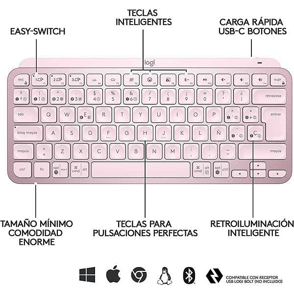 Logitech MX Keys Mini Retroiluminado Rosado ES  Teclado