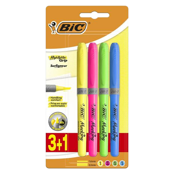 Bic Highlighter Grip Pack de 4 Marcadores Fluorescentes Tinta con Base de Agua Punta Biselada Trazo entre 160 y 330mm Colores Surtidos Bic Highlighter Grip Pack de 4 Marcadores Fluorescentes Tinta con Base de Agua Punta Biselada Trazo entre 160 y 330mm Colores Surtidos