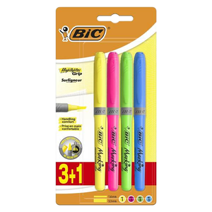 Bic Highlighter Grip Pack de 4 Marcadores Fluorescentes  Tinta con Base de Agua  Punta Biselada  Trazo entre 160 y 330mm  Colores Surtidos