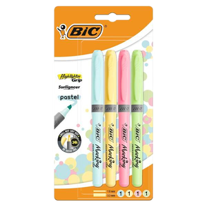 Bic Highlighter Grip Pack de 4 Marcadores Fluorescente Pastel  Tinta con Base de Agua  Punta Biselada  Trazo entre 160 y 330mm  Colores Surtidos