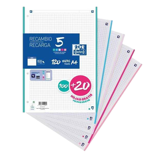 Oxford Recambio 5 Colores Pastel 10020 Hojas DINA4 4 taladros 90g Cuadros 5x5mm