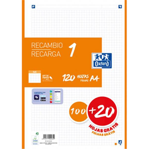 Oxford Recambio 5 Naranja 10020 Hojas DINA4 4 taladros 90g Cuadros 5x5mm