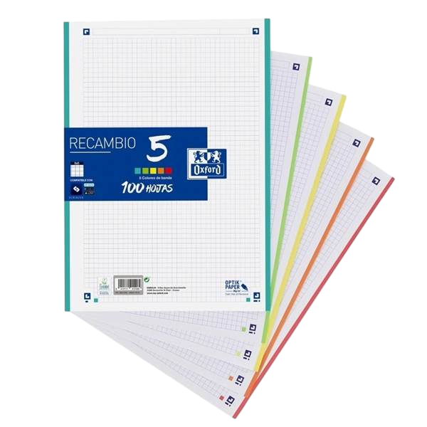 Oxford Recambio 5 Colores Vivos 10020 Hojas DINA4 4 taladros 90g Cuadros 5x5mm Oxford Recambio 5 Colores Vivos 10020 Hojas DINA4 4 taladros 90g Cuadros 5x5mm