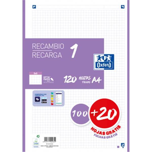 Oxford Recambio 5 Lila 10020 Hojas DINA4 4 taladros 90g Cuadros 5x5mm