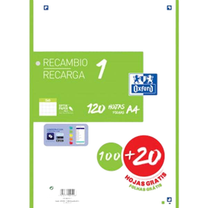 Oxford Recambio 5 Verde 10020 Hojas DINA4 4 taladros 90g Cuadros 5x5mm