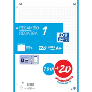 Oxford Recambio 5 Turquesa 10020 Hojas DINA4 4 taladros 90g Cuadros 5x5mm