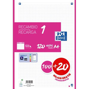 Oxford Recambio 5 Fucsia 10020 Hojas DINA4 4 taladros 90g Cuadros 5x5mm