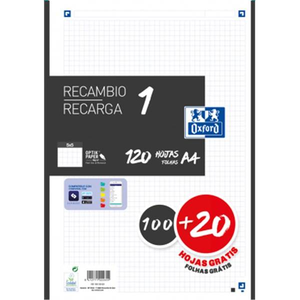 Oxford Recambio 5 Negro 10020 Hojas DINA4 4 taladros 90g Cuadros 5x5mm