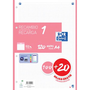 Oxford Recambio 5 Rosa Chicle 10020 Hojas DINA4 4 taladros 90g Cuadros 5x5mm