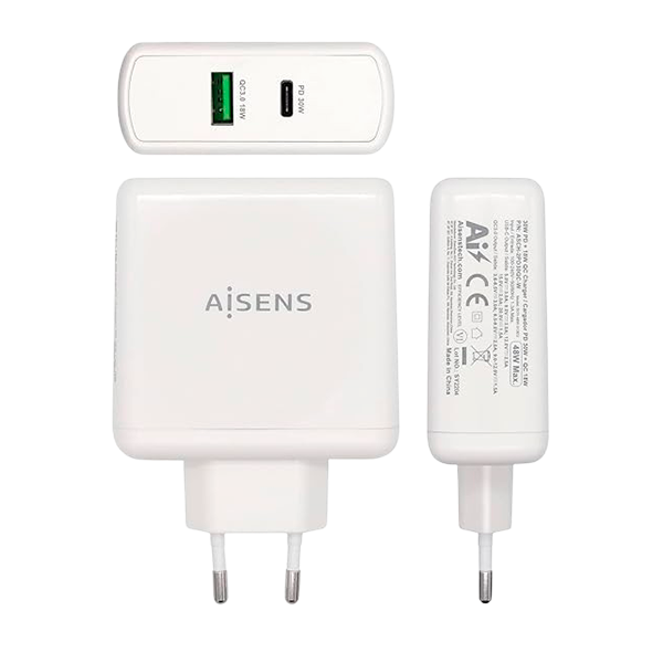 Aisens ASCH2PD30QCW USBA USBC 48W Blanco Cargador USB Aisens ASCH2PD30QCW USBA USBC 48W Blanco Cargador USB