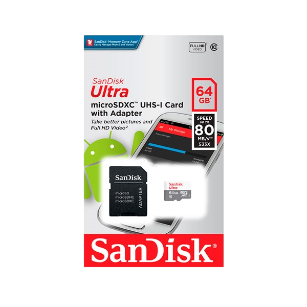 SanDisk Android Ultra 64GB 80MBs cadapt Tarjeta MicroSD SanDisk Android Ultra 64GB 80MBs cadapt Tarjeta MicroSD