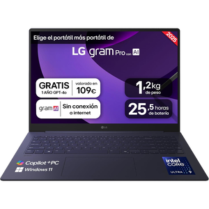 LG Gram Pro 16Z90TG  Portátil Intel Core Ultra 9 288V 32GB DDR5 1TB NVMe 16 IPS WQXGA 144Hz Windows 11 Home